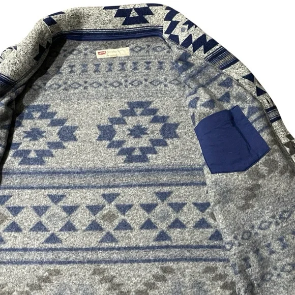 Levi's Fleece Cardigan Shawl Neck Southwest Aztec Geometric Jacket M Grey Blue - Picture 7 of 10
